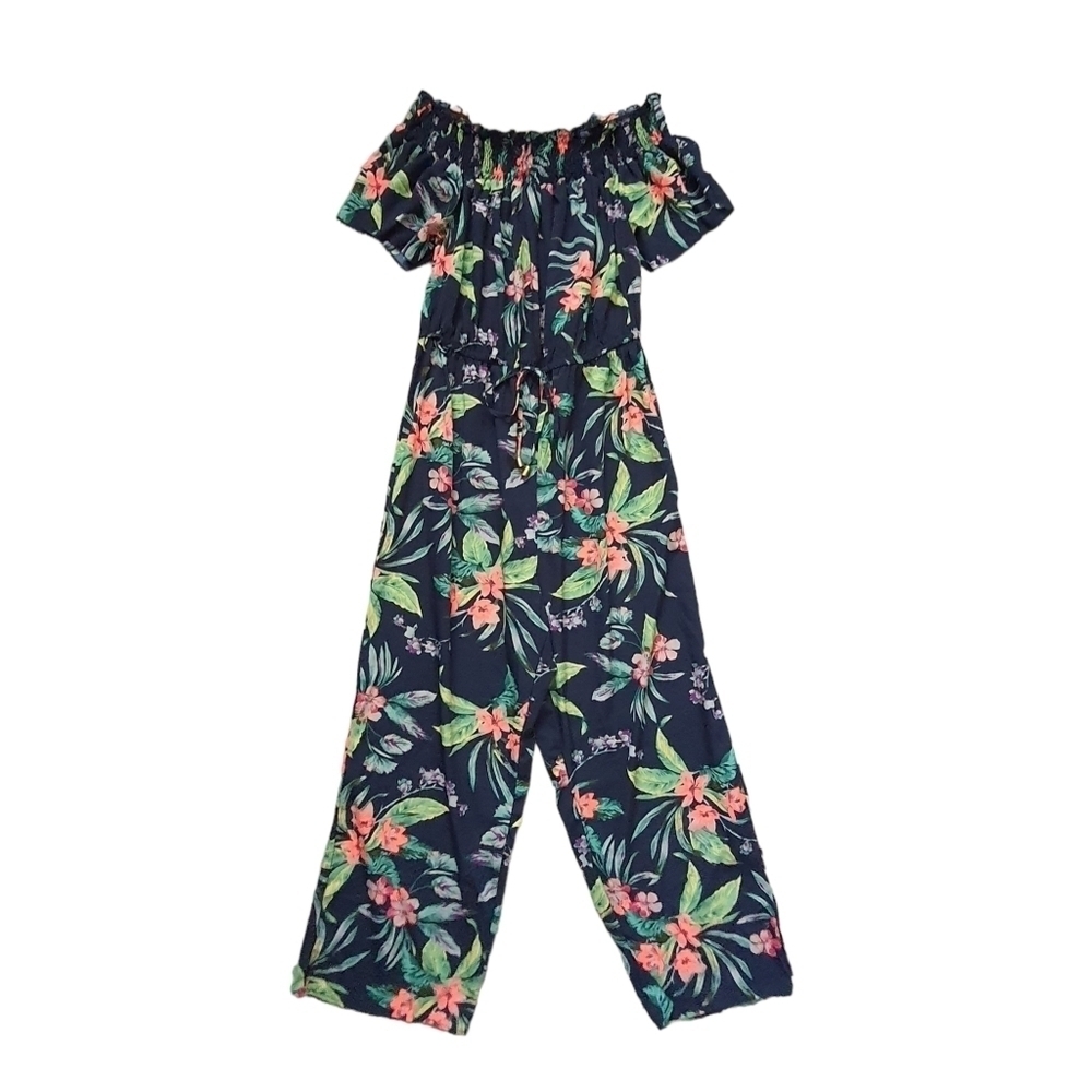 Vacation Tropical Jumpsuit Wide Leg Short Sleeve Smocked Tie Waist Jumpsuit 1X